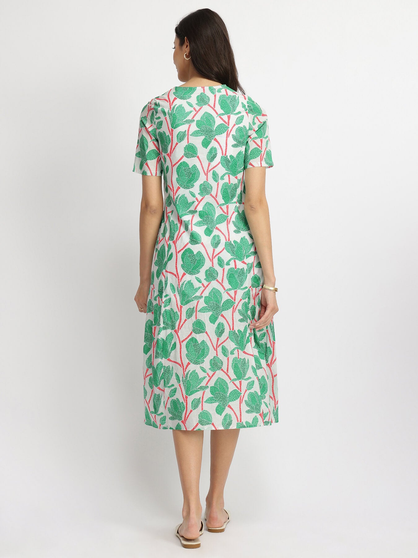 Cotton Floral A-Line Dress - Green & Red