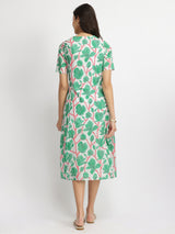 Cotton Floral A-Line Dress - Green & Red