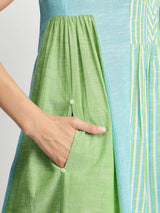 Cotton Woven Design A-Line Dress - Green & Blue
