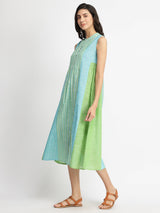 Cotton Woven Design A-Line Dress - Green & Blue