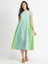 Cotton Woven Design A-Line Dress - Green & Blue