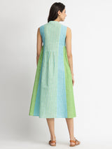 Cotton Woven Design A-Line Dress - Green & Blue