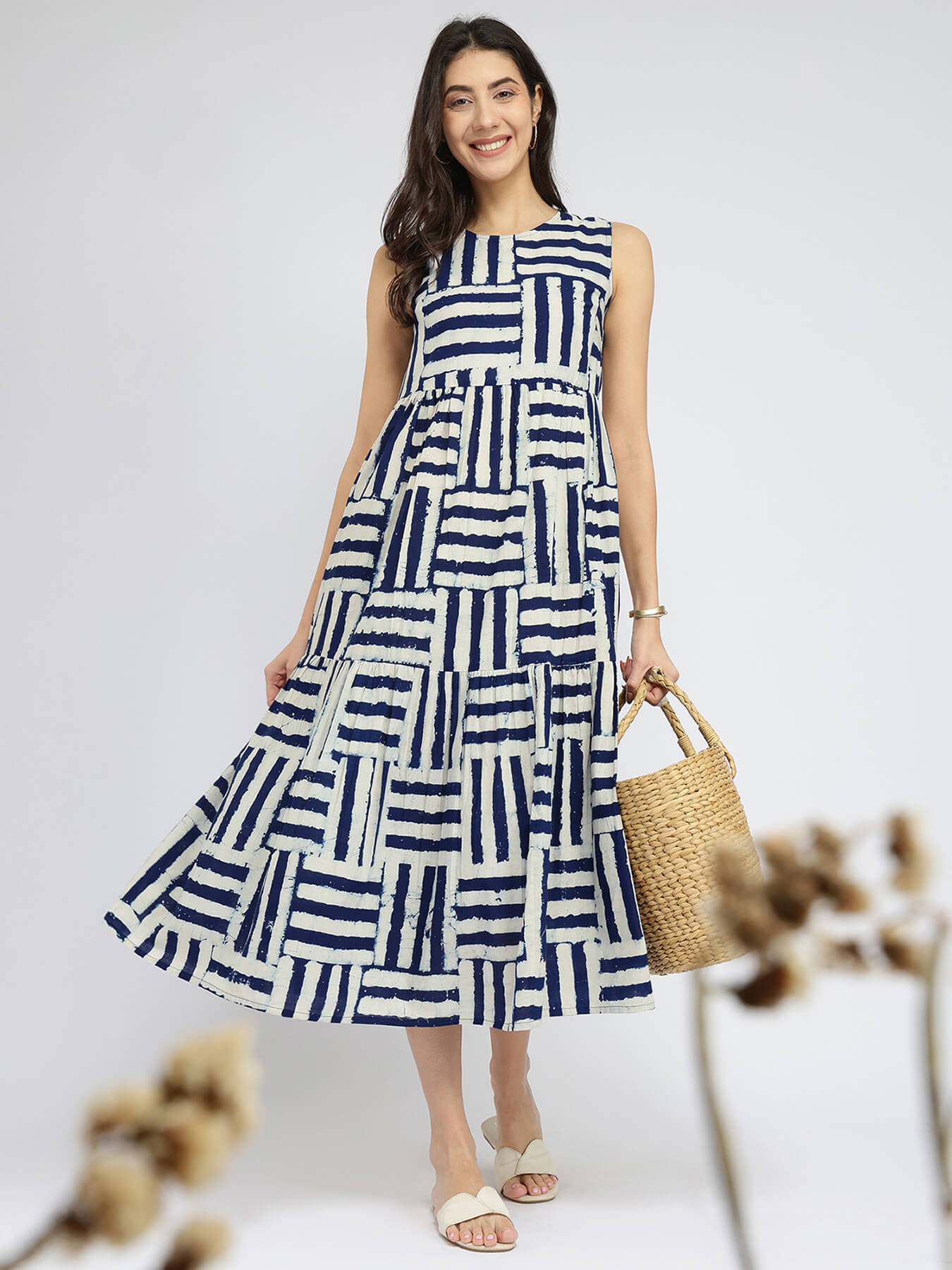 Cotton Dabu Stripe Play Dress - Indigo
