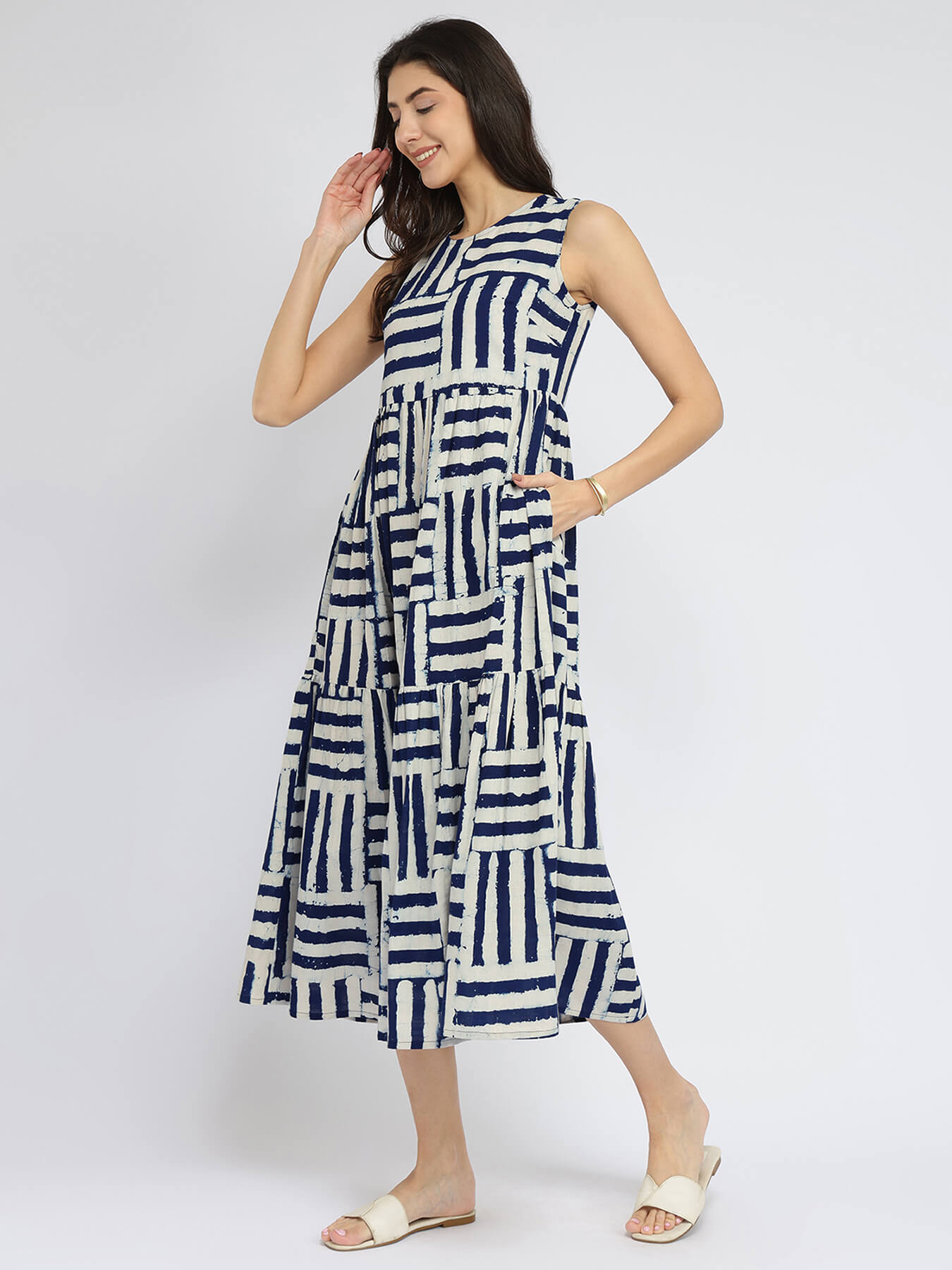 Cotton Dabu Stripe Play Dress - Indigo