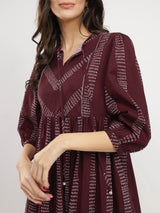 Cotton Geometric Print TIe-Up Dress - Burgundy