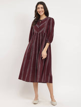 Cotton Geometric Print TIe-Up Dress - Burgundy