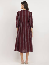 Cotton Geometric Print TIe-Up Dress - Burgundy