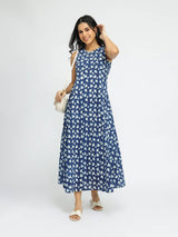 Cotton Dabu Floral Fit & Flare Dress - Indigo