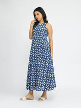 Cotton Dabu Floral Fit & Flare Dress - Indigo
