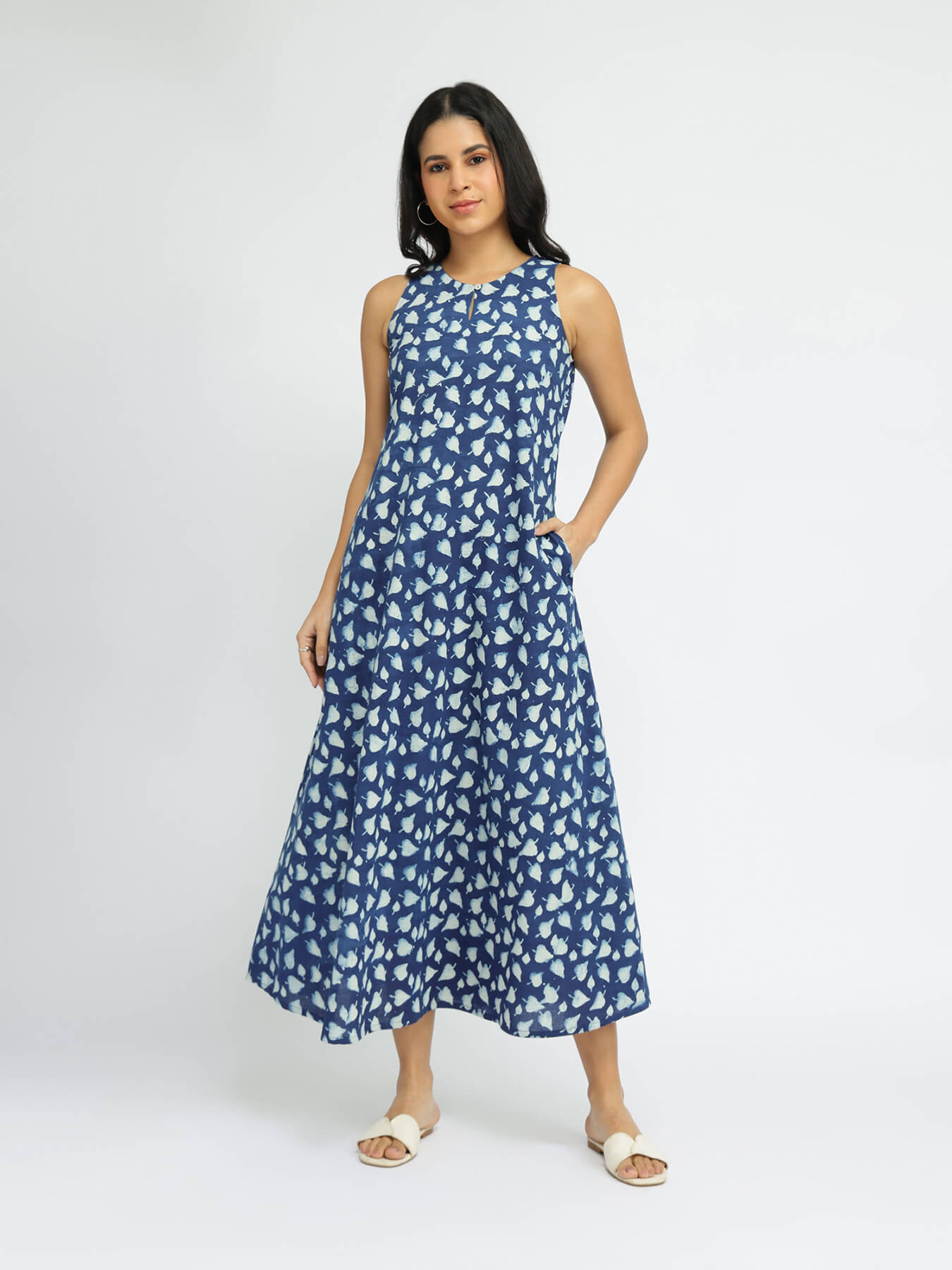 Cotton Dabu Floral Fit & Flare Dress - Indigo