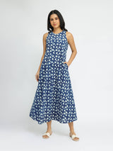 Cotton Dabu Floral Fit & Flare Dress - Indigo