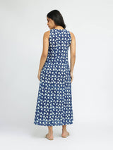 Cotton Dabu Floral Fit & Flare Dress - Indigo