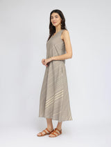 Rayon Striped Sleeveless Dress - Grey