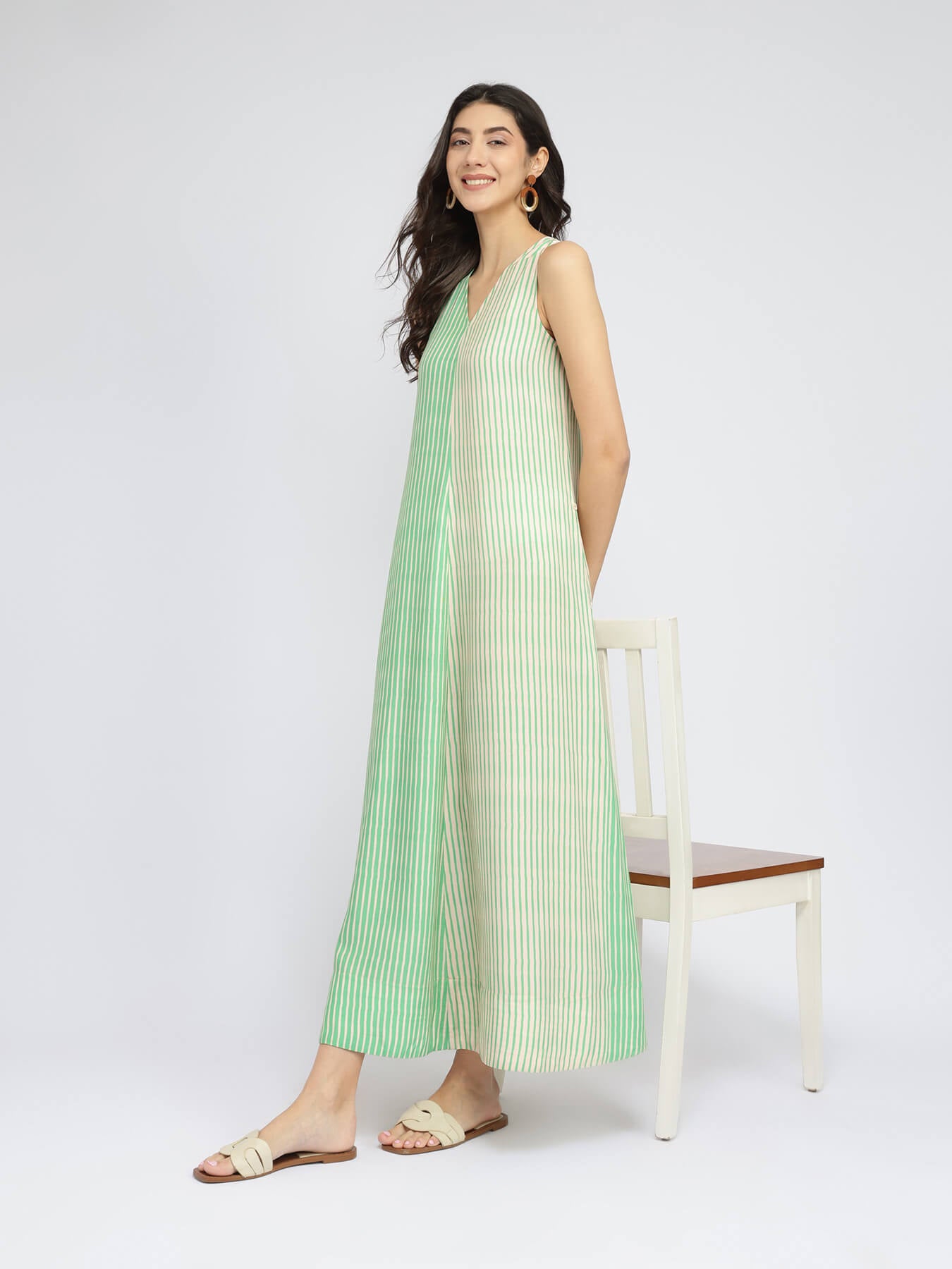 Rayon Colourblock & Striped Dress - Green