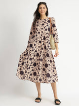 Cotton Floral Tiered Dress - White & Black