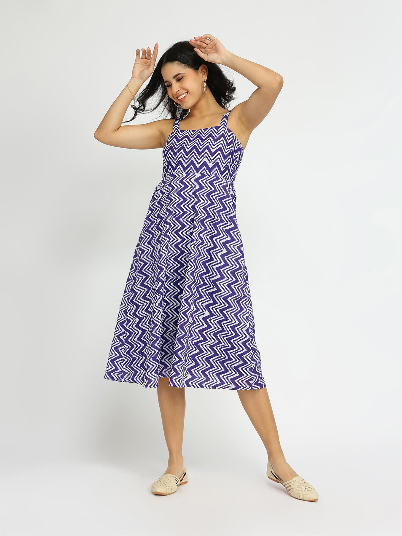 Cotton Chevron A-Line Dress - Purple