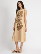 Cotton Placement Print A-Line Dress - Beige & Brown