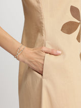 Cotton Placement Print A-Line Dress - Beige & Brown