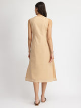 Cotton Placement Print A-Line Dress - Beige & Brown