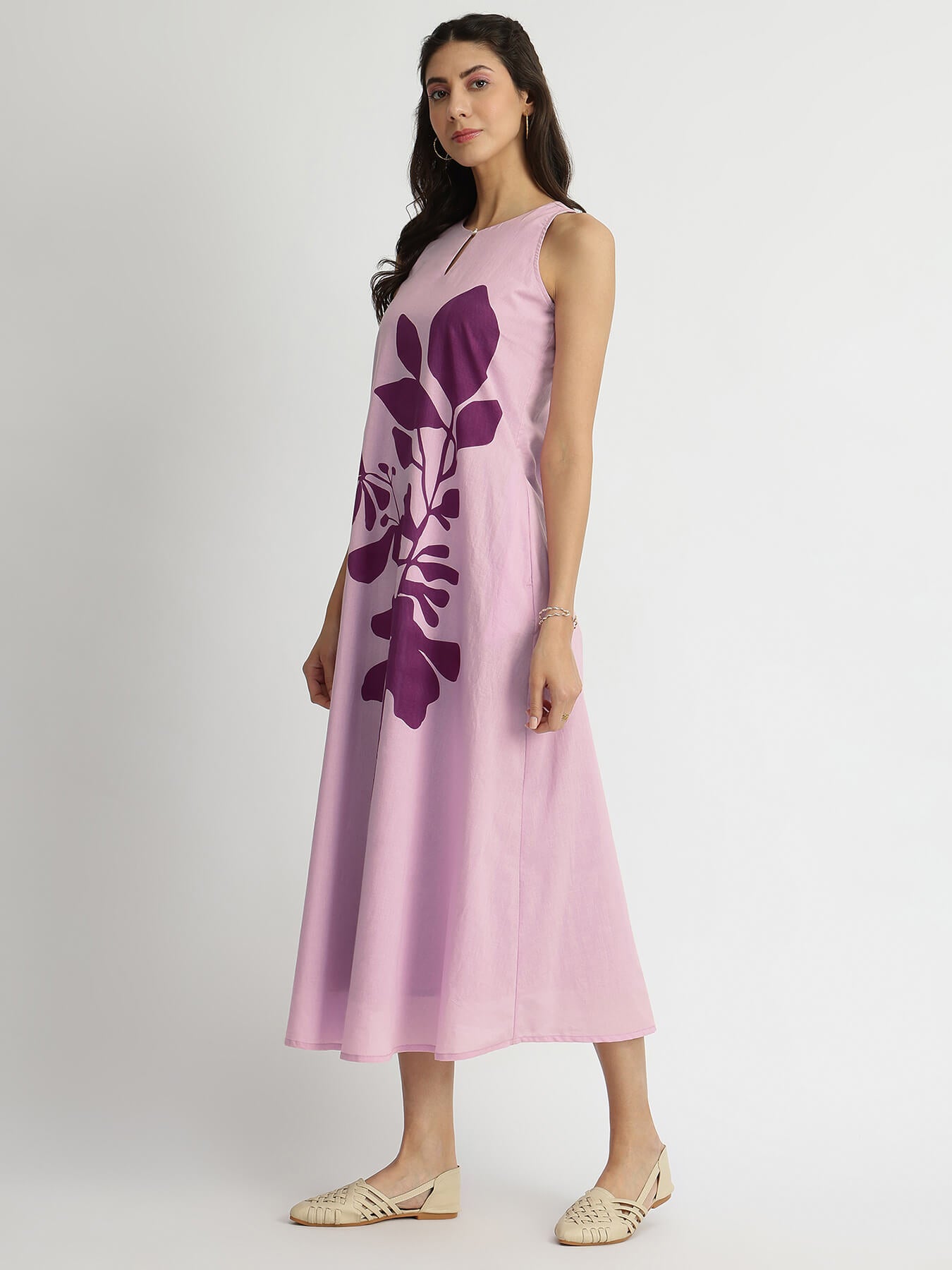 Cotton Floral Placement Print Dress - Purple