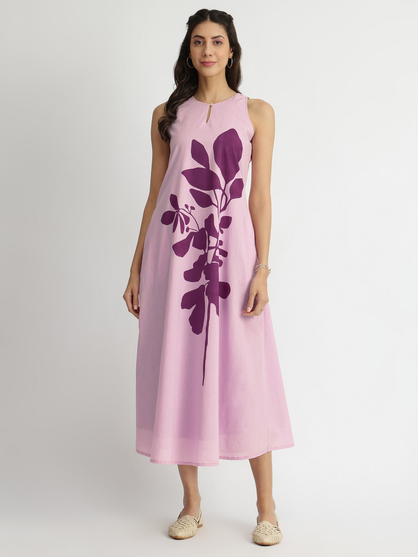 Cotton Floral Placement Print Dress - Purple