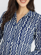 Cotton Dabu Chevron Print Dress - Indigo