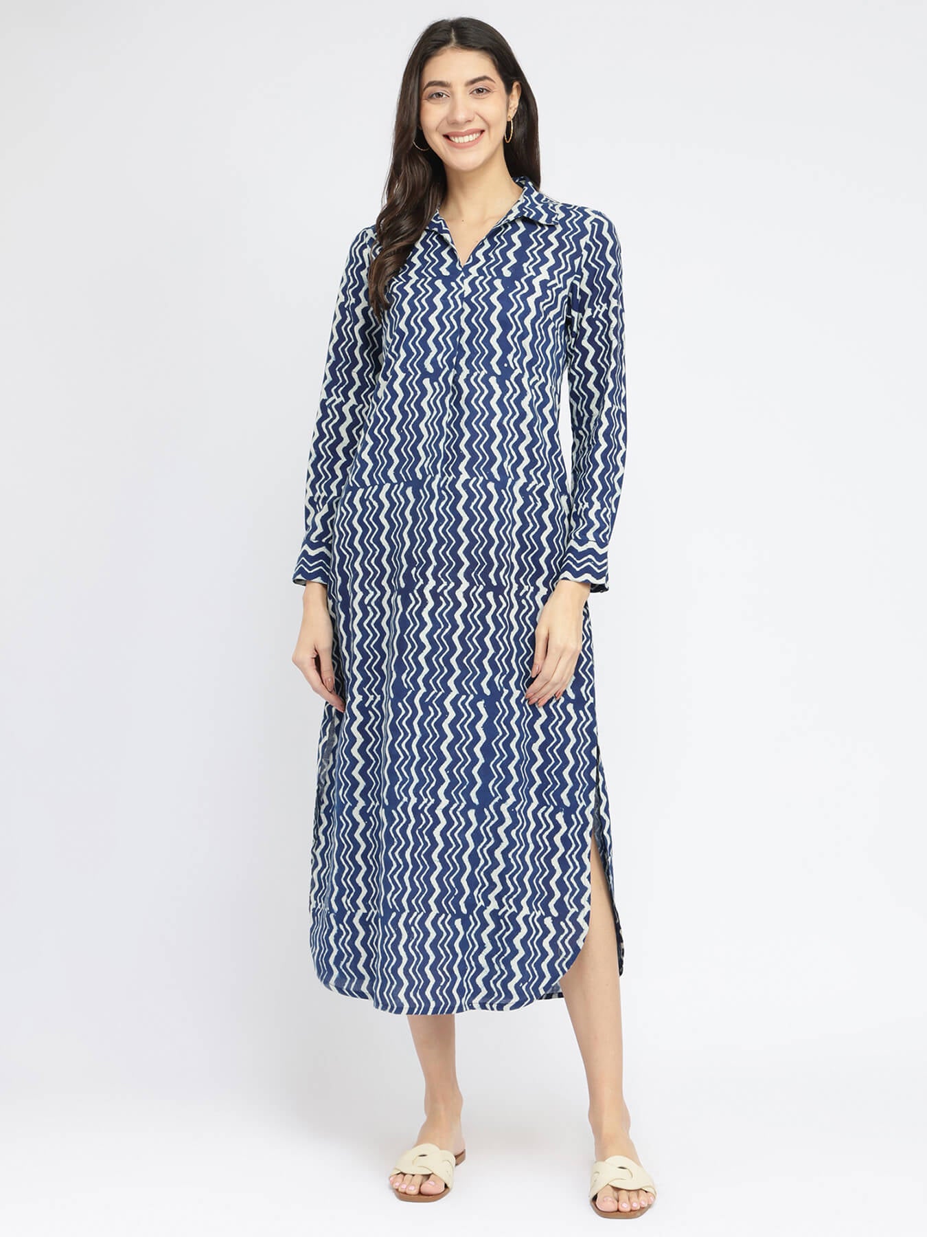 Cotton Dabu Chevron Print Dress - Indigo