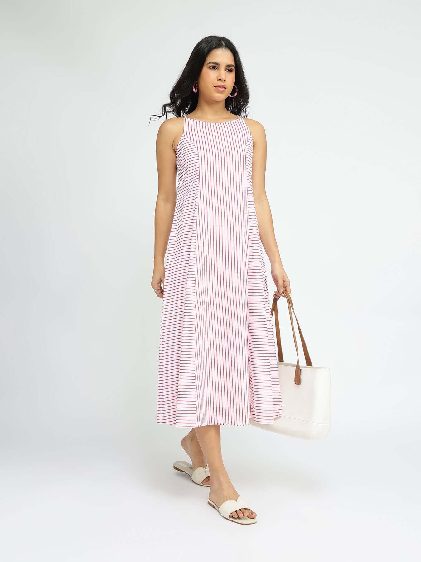 Cotton Stripe Play Dress - White & Red
