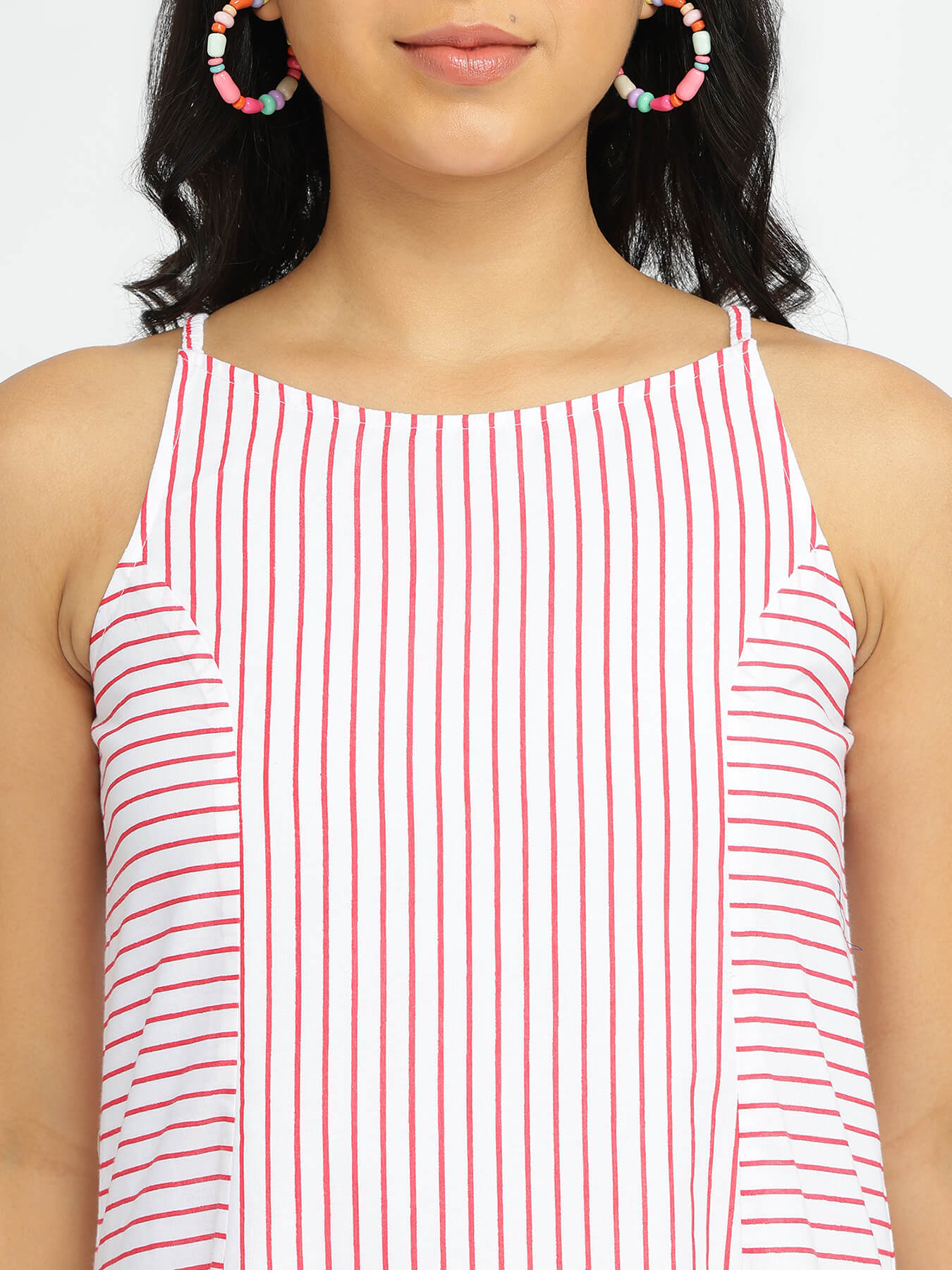 Cotton Stripe Play Dress - White & Red