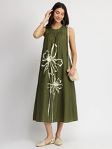 Cotton Floral Placement Print Dress - Olive