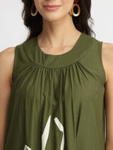 Cotton Floral Placement Print Dress - Olive