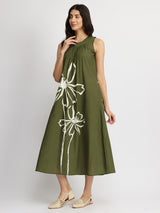 Cotton Floral Placement Print Dress - Olive