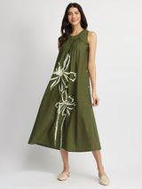 Cotton Floral Placement Print Dress - Olive