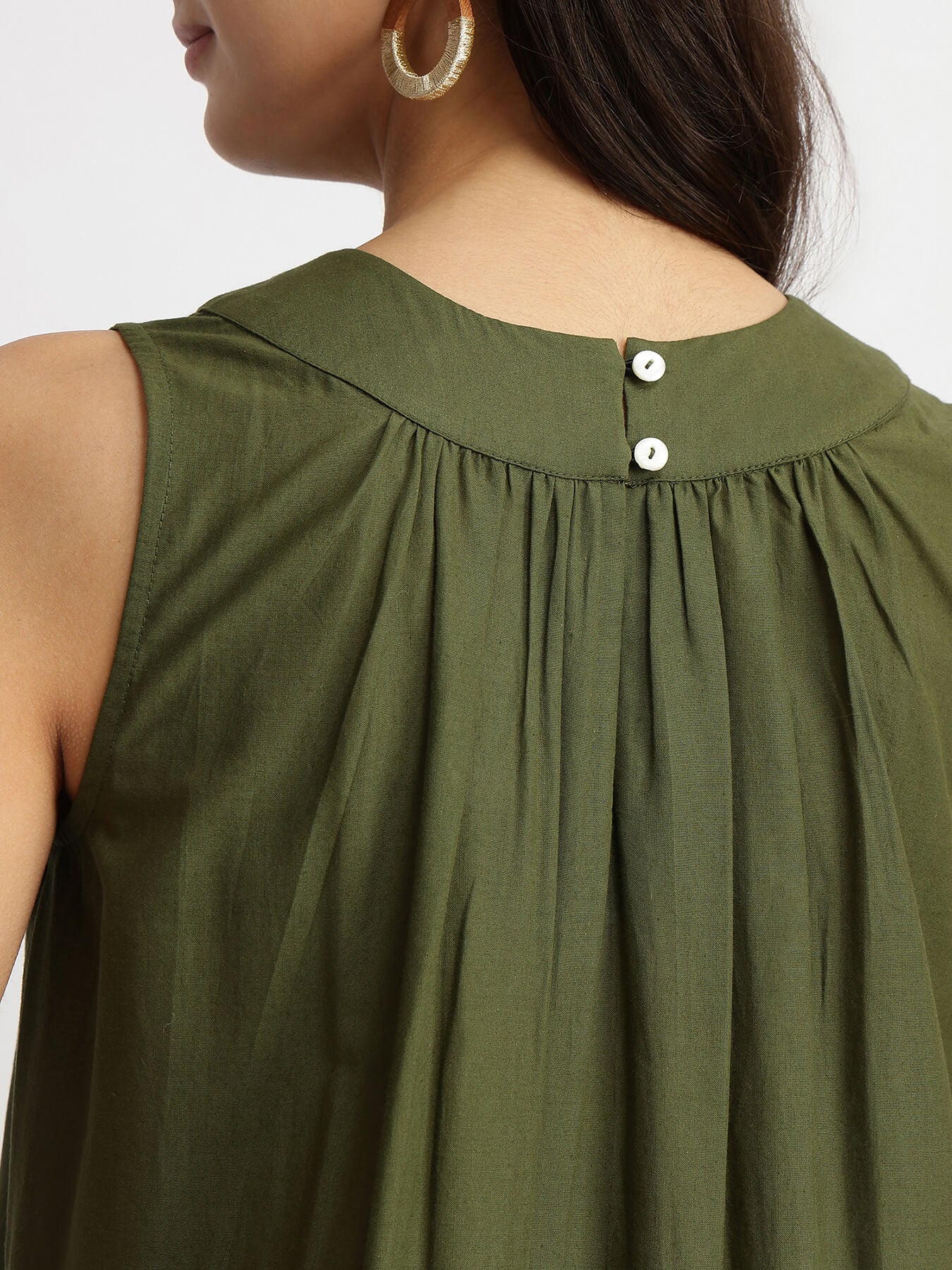 Cotton Floral Placement Print Dress - Olive