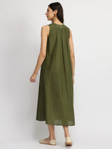 Cotton Floral Placement Print Dress - Olive