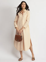Linen Blend Solid Shirt Dress - Beige