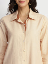 Linen Blend Solid Shirt Dress - Beige