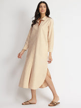 Linen Blend Solid Shirt Dress - Beige