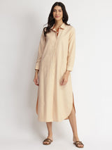 Linen Blend Solid Shirt Dress - Beige