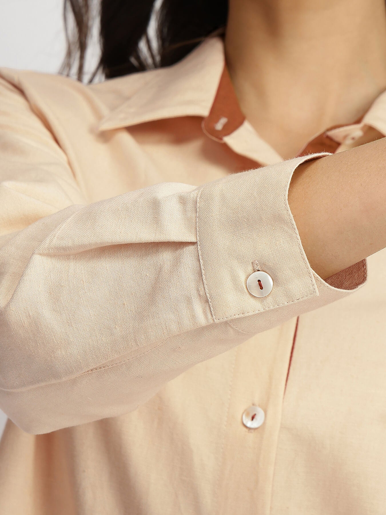 Linen Blend Solid Shirt Dress - Beige