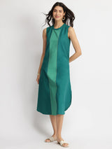 Linen Blend Colourblock A-Line Dress - Teal