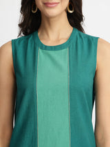 Linen Blend Colourblock A-Line Dress - Teal