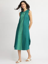Linen Blend Colourblock A-Line Dress - Teal