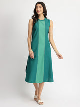 Linen Blend Colourblock A-Line Dress - Teal
