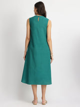 Linen Blend Colourblock A-Line Dress - Teal