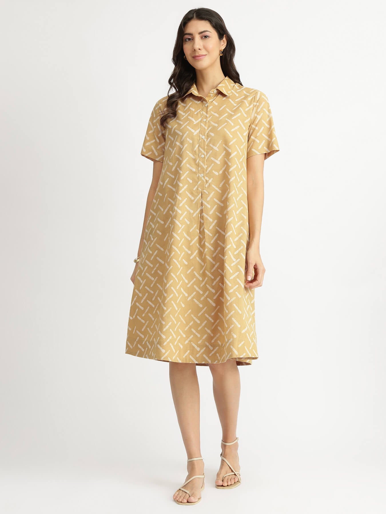 Cotton Dabu Geometric Shirt Collar Dress - Yellow