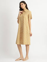 Cotton Dabu Geometric Shirt Collar Dress - Yellow