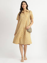 Cotton Dabu Geometric Shirt Collar Dress - Yellow