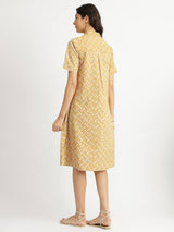 Cotton Dabu Geometric Shirt Collar Dress - Yellow
