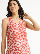 Cotton Dabu Floral A-Line Dress - Orange & White